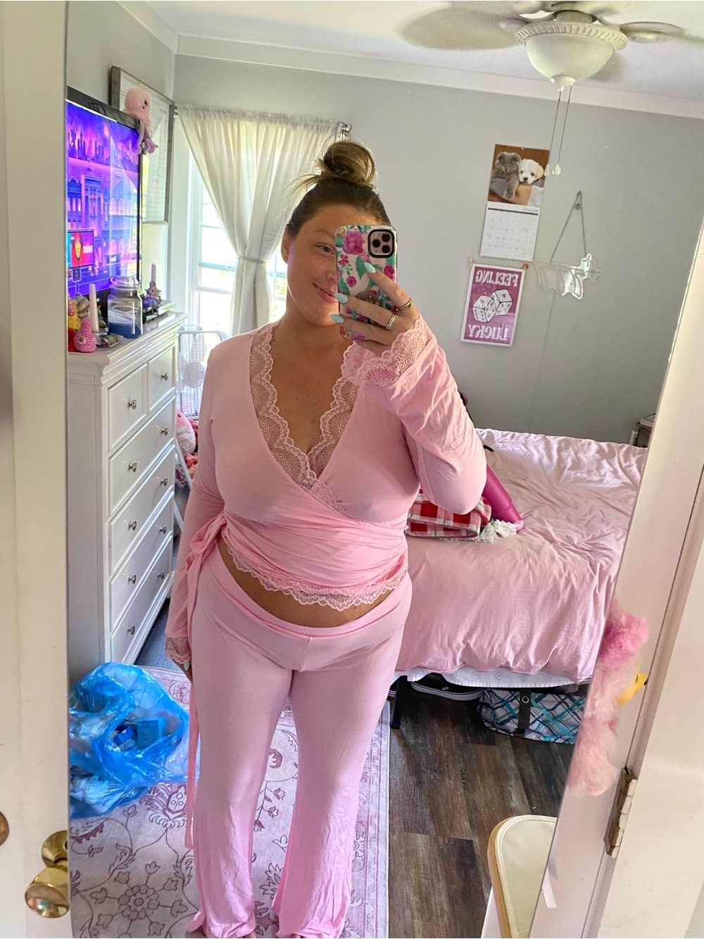 Fashion Nova Pink Lace-Trim Wrap Top & Lounge Pants Set